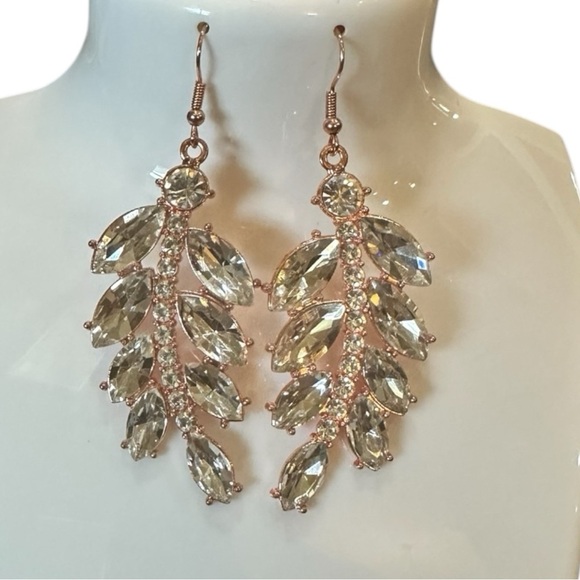Statement Crystal Leaf Drop Earrings – Gold Tone – 3.25” Long - Picture 1 of 5